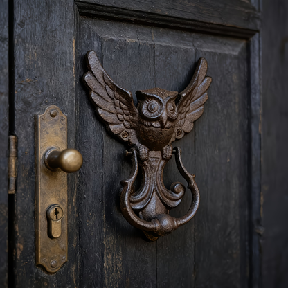 Winged Owl Door Knocker with Pictured 8.86-Inch Height, Ring Handle and Rustic Dark Finish