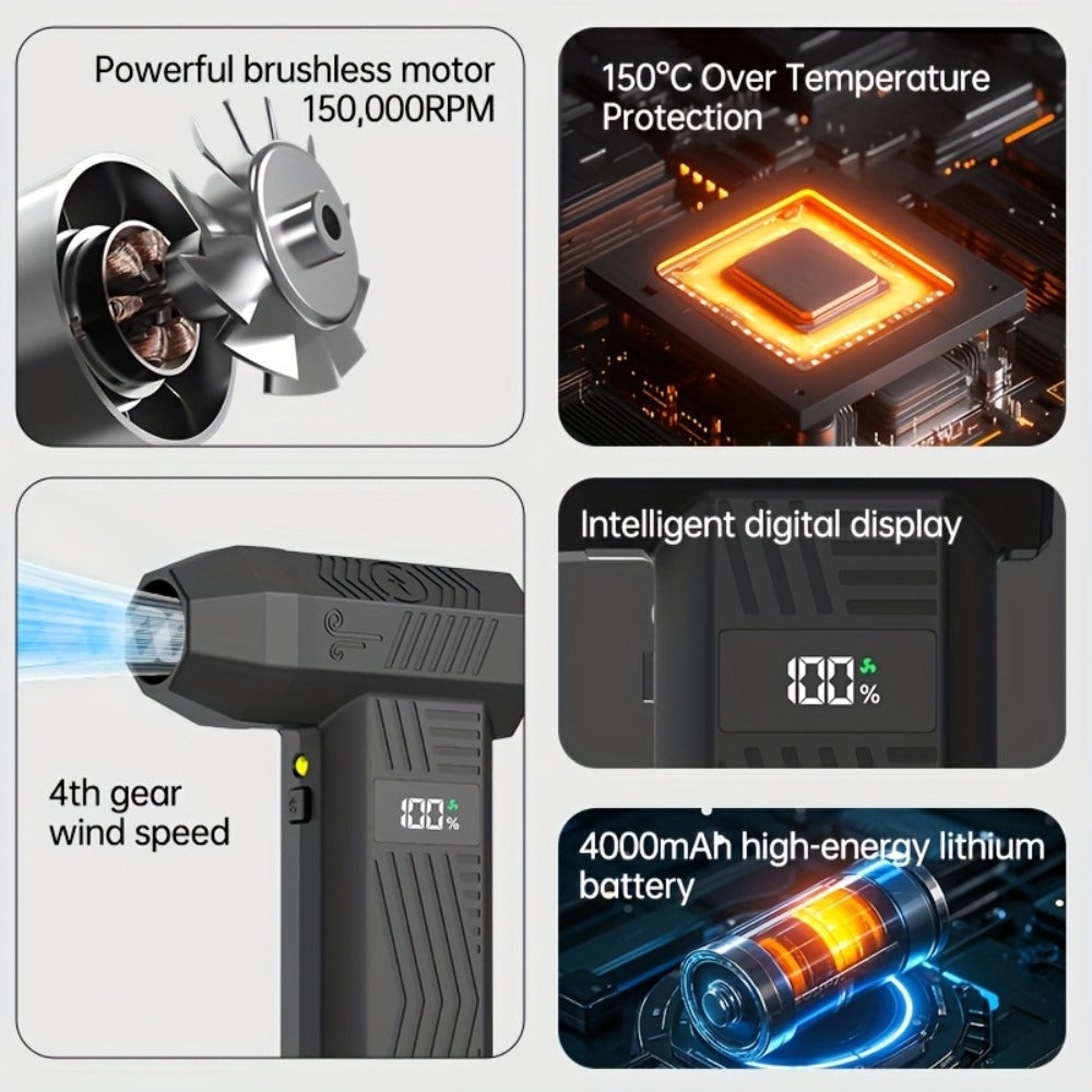 Black Pistol-Grip Electric Air Duster with Rear Digital Display, Three Nozzles and USB-C Cable