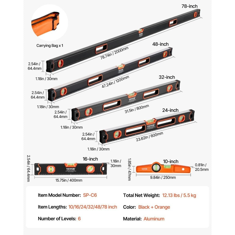 Six-Piece Magnetic Spirit Level Set with 10, 16, 24, 32, 48 and 78-Inch Aluminum Measuring Bars
