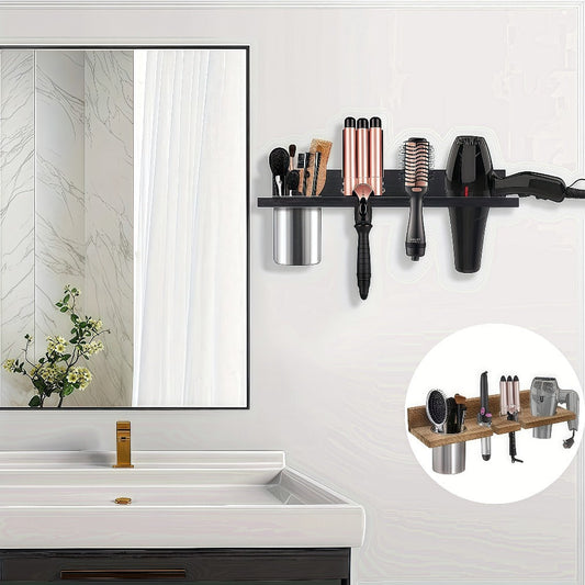 Wall Mounted Hair Tool Organizer – Wooden Hair Dryer Holder & Storage Rack for Curling Iron, Straightener & Brushes, Rustic Bathroom Salon Shelf (Brown & Black)