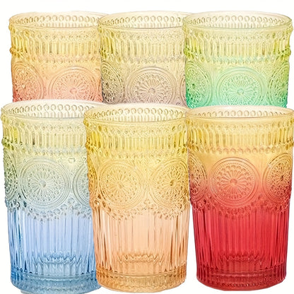 Vintage Embossed Drinking Glasses, Six-Piece 14-Ounce Tumbler Set in Six Gradient Colors for Table Settings