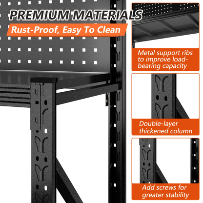 Four-Tier Metal Garage Storage Shelf with Wide Workbench Top and Lower Tool Organizer Space