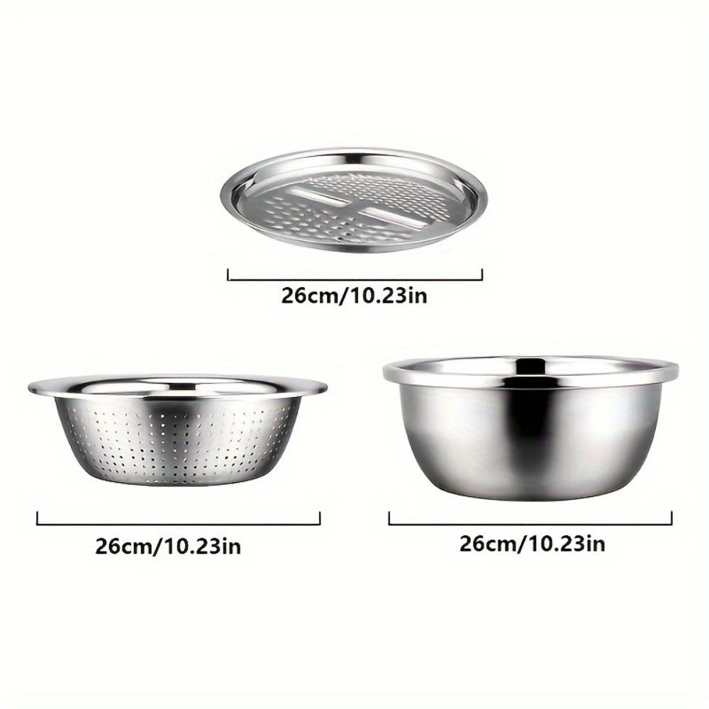 Stainless Steel Kitchen Bowl Set, Three-Piece Grater, Colander and Mixing Bowl Prep System