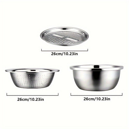 Stainless Steel Kitchen Bowl Set, Three-Piece Grater, Colander and Mixing Bowl Prep System