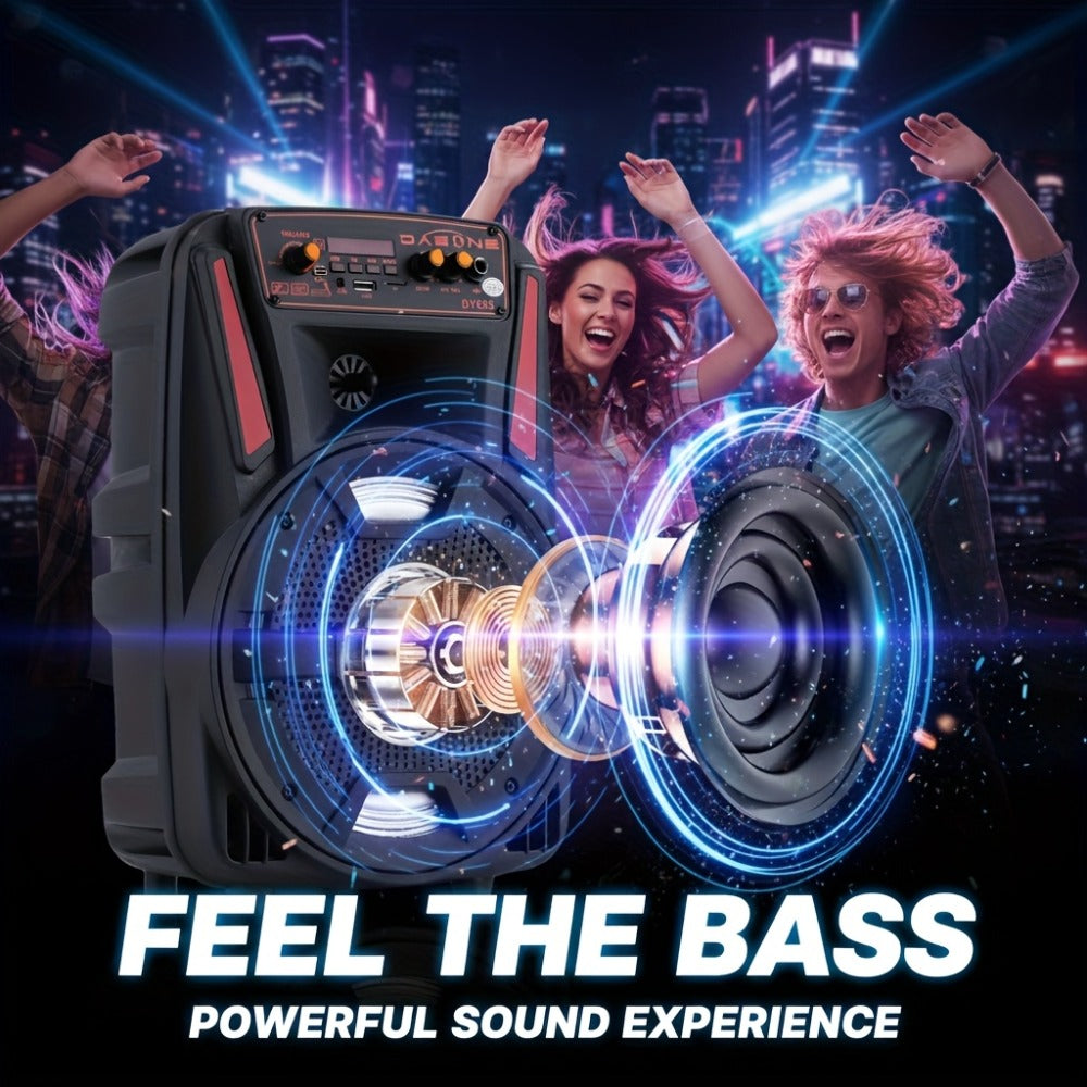 8-Inch Bluetooth Party Speaker with LED Lights & Wired Microphone – TWS Stereo Bass Boost, FM Radio, USB TF AUX Playback, Rechargeable Battery, Portable Wireless Speaker for Outdoor Parties & Karaoke