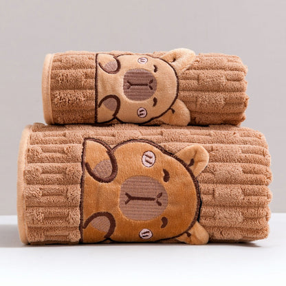 Bath Towel Set 2 Piece Cute Capybara Coral Fleece Super Soft Ultra Absorbent Quick Dry Face Towel and Bath Sheet for Spa Gym Hotel Guest Bathroom