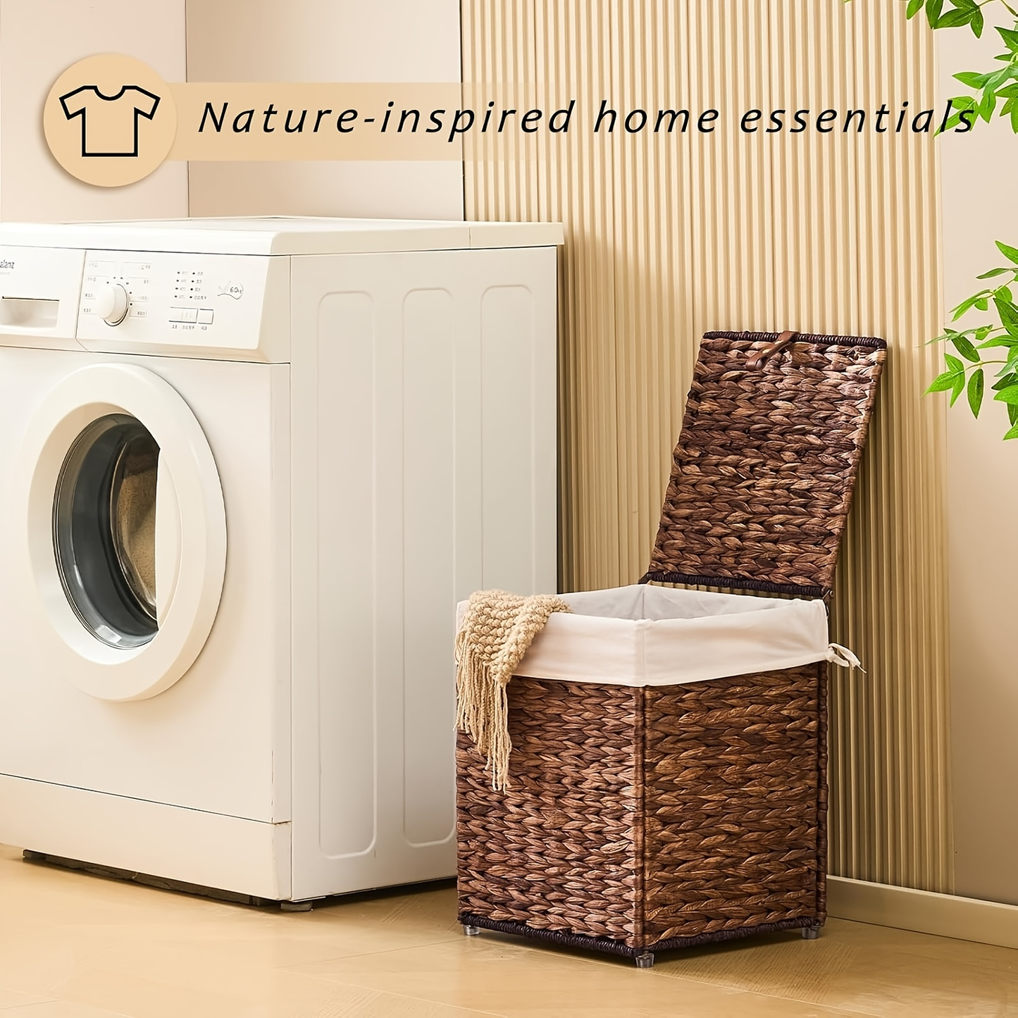 Laundry Basket with Lid & Handles - Handwoven Water Hyacinth Wicker Hamper, Removable Cotton Liner, 2 Mesh Bags, Boho Style, 9.25/17.17/25.1 Gal with Optional Casters