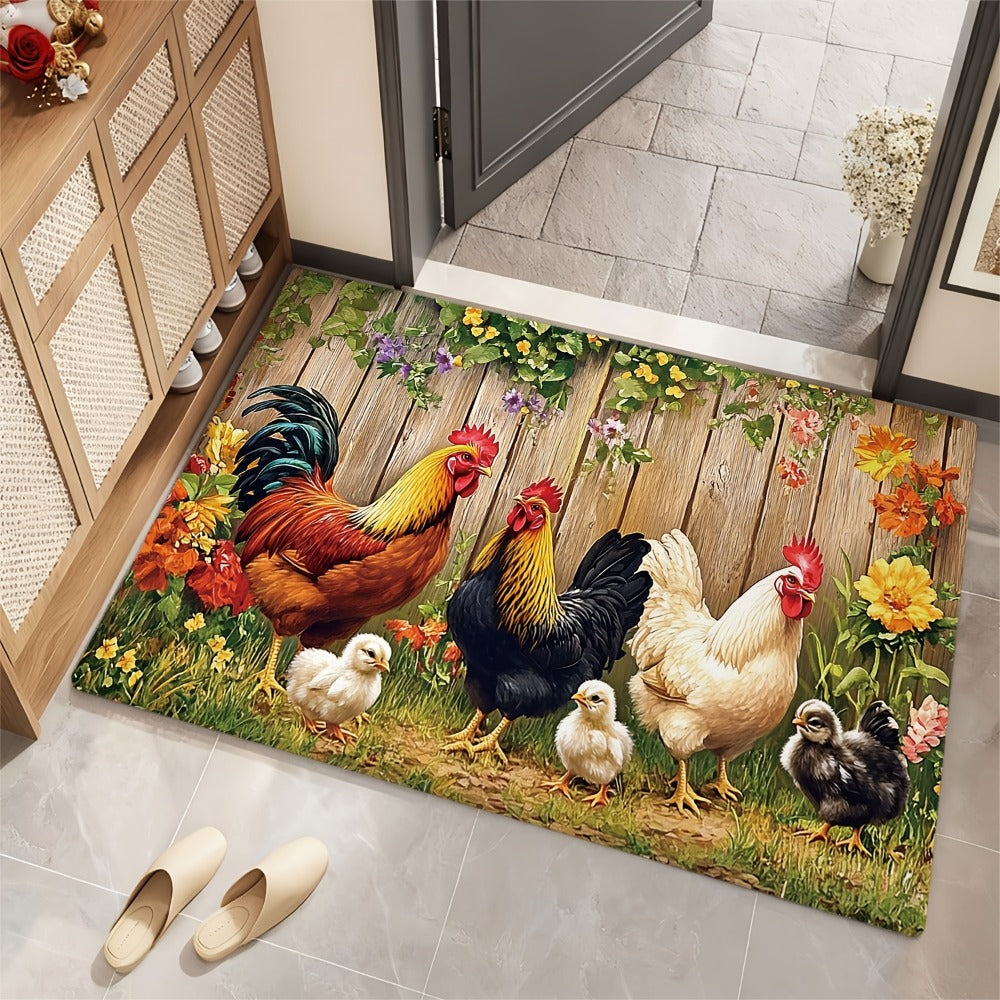 Rooster Farmhouse Kitchen Rugs in Round, Runner and 1- to 4-Piece Mat Set Size Options for Floors