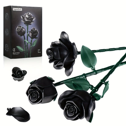 Building Block Set Black Rose Bouquet, 152-Piece Three-Flower Model with Adjustable Stems and Leaves for Display