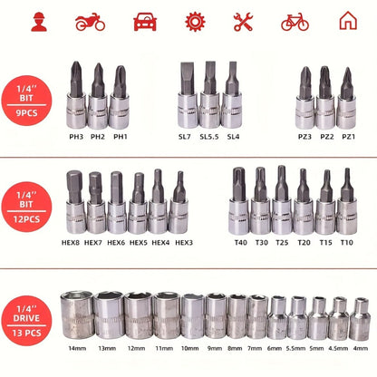 Fifty or Fifty-Three Piece Auto and Bicycle Repair Tool Set with Ratchet, Sockets and Orange Case