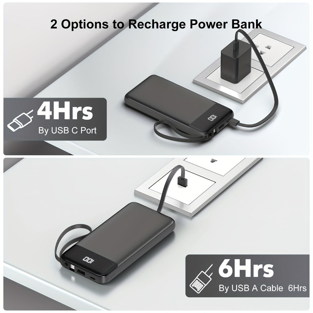 Power Bank 20000mAh with Built-In Cable Set, 20W Listed Charging and Solar or Standard Options