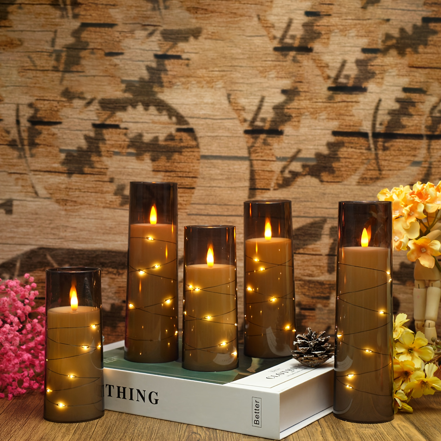 Flameless LED Candles with Remote Control Timer and Star String Lights Set of 5 or 7 Pillar Candles for Wedding Garden Home Decor Anniversary Gift Grey Ivory Gold Red