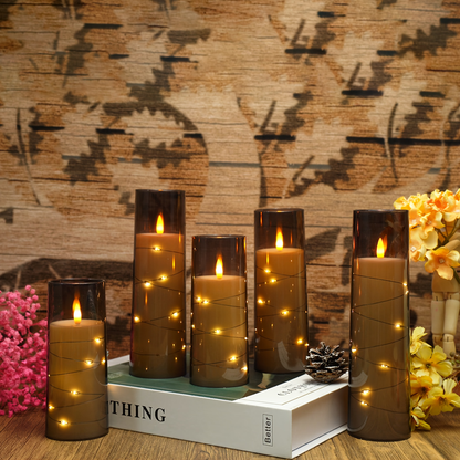 Flameless LED Candles with Remote Control Timer and Star String Lights Set of 5 or 7 Pillar Candles for Wedding Garden Home Decor Anniversary Gift Grey Ivory Gold Red