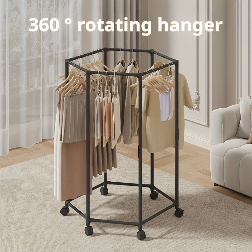 Rotating Hexagonal Garment Rack with Six-Sided Hanging Frame, Casters and Black or White Mesh-Bag Options