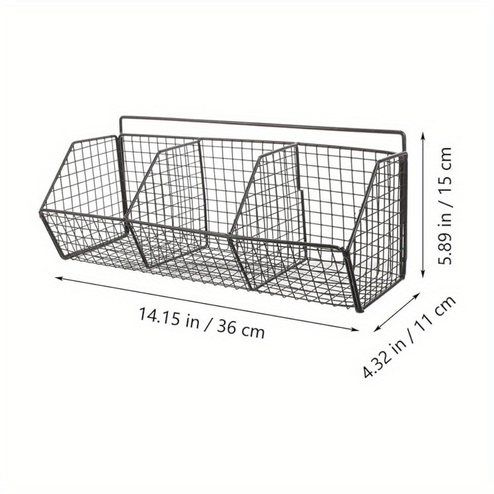 Black Wall-Mounted Wire Storage Basket with Open Front in Two- or Three-Grid Width Options
