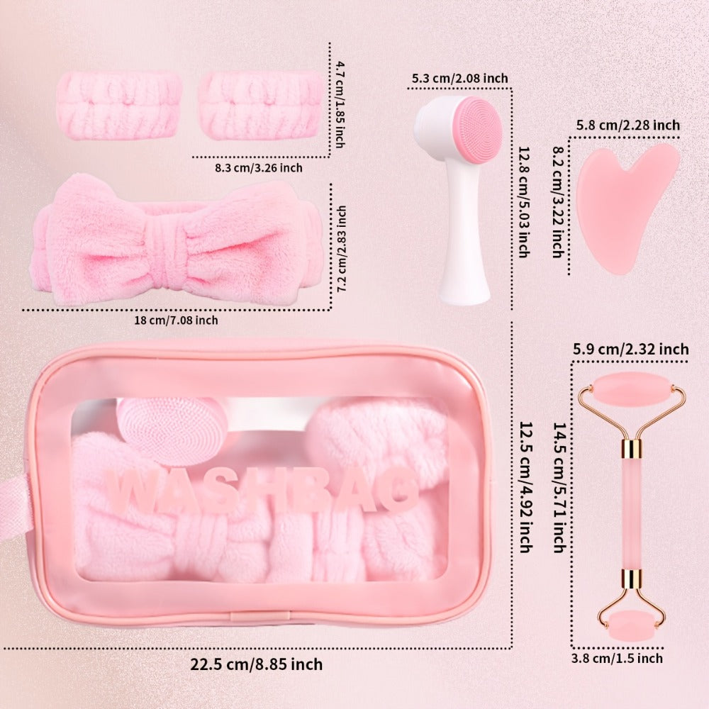 7-Piece Facial Cleansing Accessory Set with Wash Bag, Headband, Wristbands, Face Brush and Roller