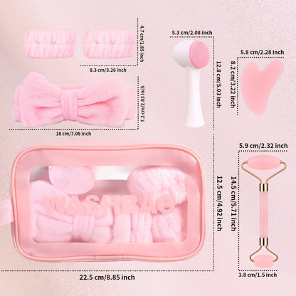 7-Piece Facial Cleansing Accessory Set with Wash Bag, Headband, Wristbands, Face Brush and Roller