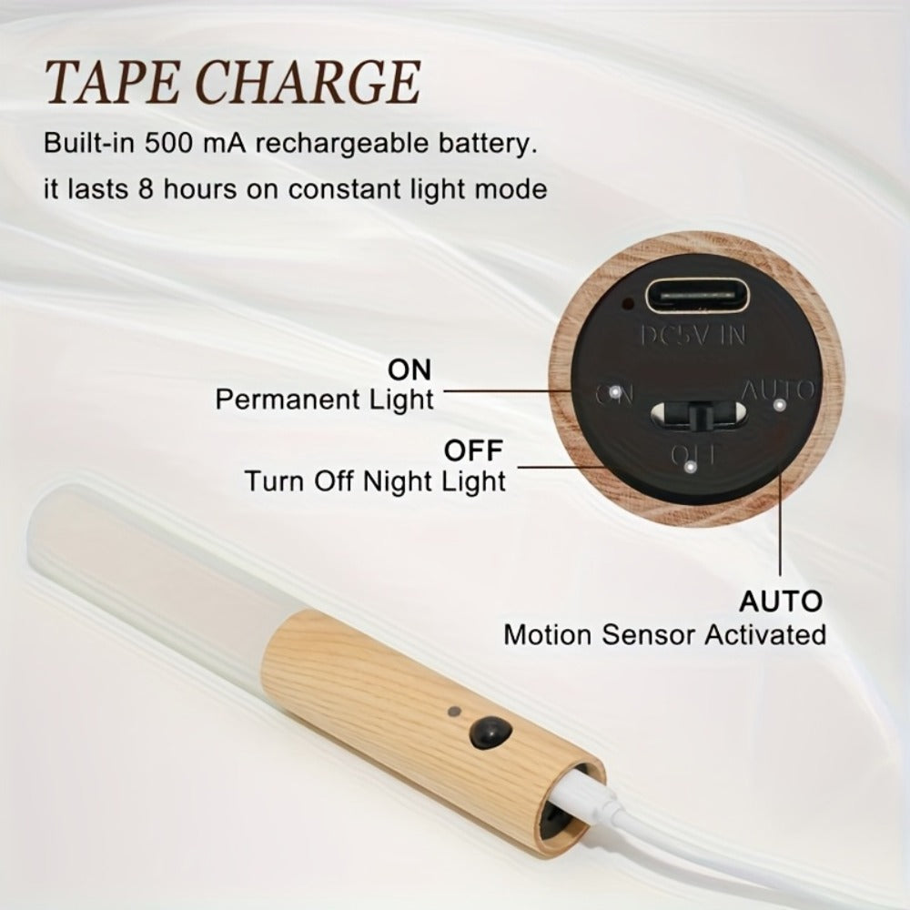 Motion Night Light Rechargeable LED – IPX4 Waterproof Wood Grain & Walnut Under Cabinet Step Lamp for Staircase, Hallway, Wardrobe, Closet & Indoor Walls (2 or 4 Pack)