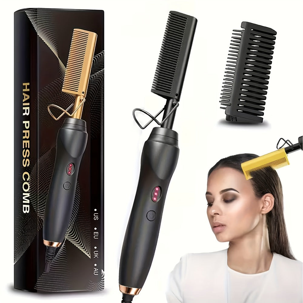 Electric Hot Comb Hair Straightener – 3-in-1 Ceramic Pressing Comb for Natural Hair, Beard & Wigs, Curling & Straightening Iron with Protective Holder, Bonus 2 Clips & 1 Comb, Gift Ready