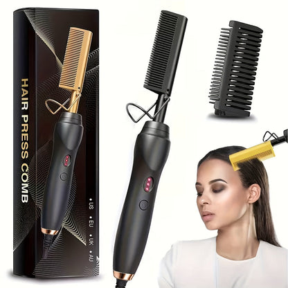 Electric Hot Comb Hair Straightener – 3-in-1 Ceramic Pressing Comb for Natural Hair, Beard & Wigs, Curling & Straightening Iron with Protective Holder, Bonus 2 Clips & 1 Comb, Gift Ready