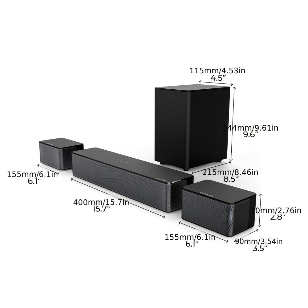 ULTIMEA Poseidon M3T 5.1 Surround Sound Bar with Wireless Subwoofer & Rear Speakers | 350W Home Theater Soundbar, HD eARC, BT 5.3, Adjustable Bass, 3 EQ Modes