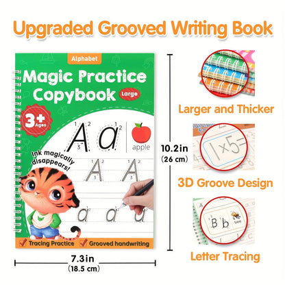 Magic Grooved Handwriting Practice Book for Kids Ages 3-8 — Reusable 5-in-1 Tracing Workbook for Letters Numbers Drawing Math, 3D Groove Pen Control Training with Grip Aids, 10.2×7.3 In