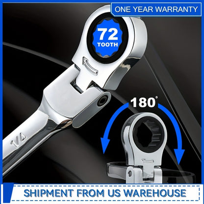 Flex Head Ratcheting Wrench Set SAE 14-Piece - 1/4" to 7/8" Chrome Vanadium Steel 72-Tooth 180° Flex Head with Organizer Rack for Auto Mechanical Repair