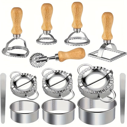 Thirteen-Piece Dumpling Maker Tool Set with Wooden Handles, Round Cutters and Folding Presses in Multiple Sizes