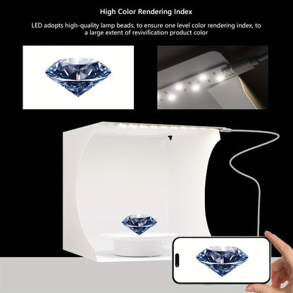 Photo Studio Lightbox Kit with 360 Motorized Turntable 6 Color Backdrops Foldable Fabric Tent USB Powered for Product Photography Smartphones DSLR Jewelry Cosmetics Ecommerce