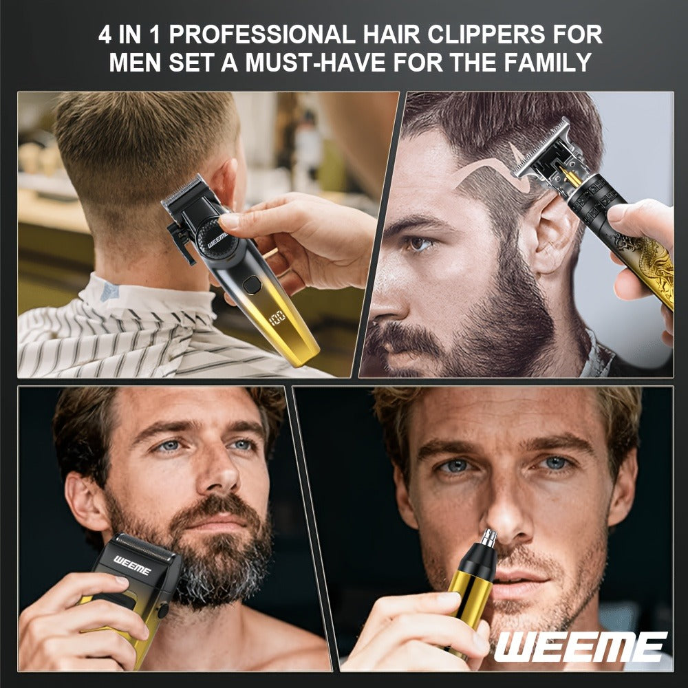 4-Piece Grooming Kit for Men USB Rechargeable Electric Shaver Beard Trimmer Nose Hair Trimmer Hair Clipper System with 8 Guide Combs Gradient Golden Gift for Dad Boyfriend Husband Holiday Travel