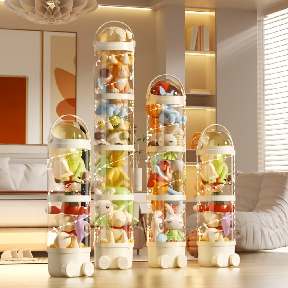 Toy Storage Organizer 4-Layer Transparent Cylindrical Bin in Cream, Pink or Green for Plush Display