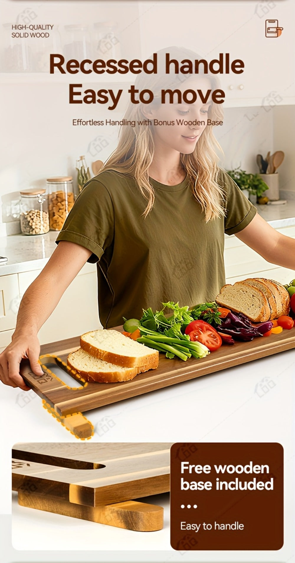 Thirty-Six-by-Twelve-Inch Rectangular Charcuterie Serving Board with Two Stands and Side Handles