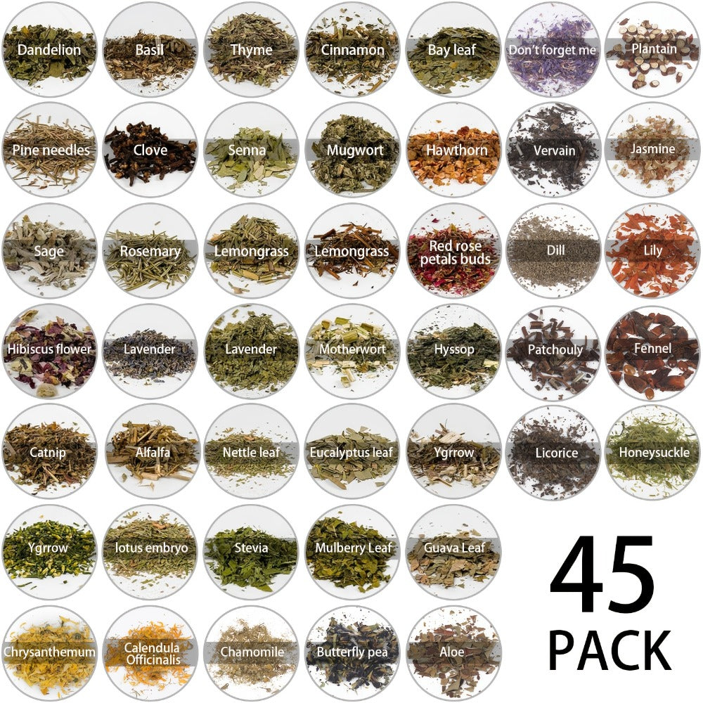 Dried Herbs Kit 45 Bottles with Crystal Spoon – Altar Supplies Herb Set for Wicca, Pagan Magic, Incense Spells & Bath Rituals – Beginner Witchcraft Starter Kit, Unique Gift for Mother's Day, Graduation & Weddings