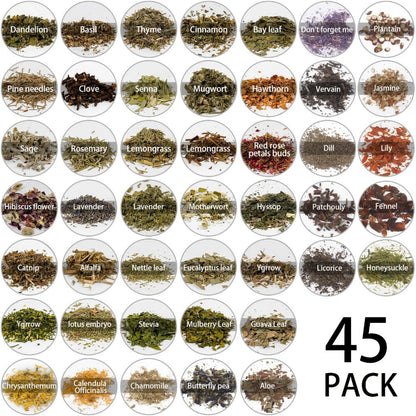 Dried Herbs Kit 45 Bottles with Crystal Spoon – Altar Supplies Herb Set for Wicca, Pagan Magic, Incense Spells & Bath Rituals – Beginner Witchcraft Starter Kit, Unique Gift for Mother's Day, Graduation & Weddings
