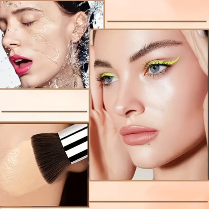 Color-Shifting Liquid Foundation and Flat-Top Brush Kit with Natural Finish and Buildable Coverage