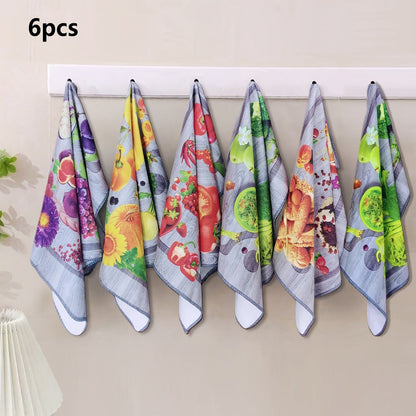Six-Piece Printed Kitchen Towel Set, Approximately 60 x 40cm Each in Combination A or B Designs