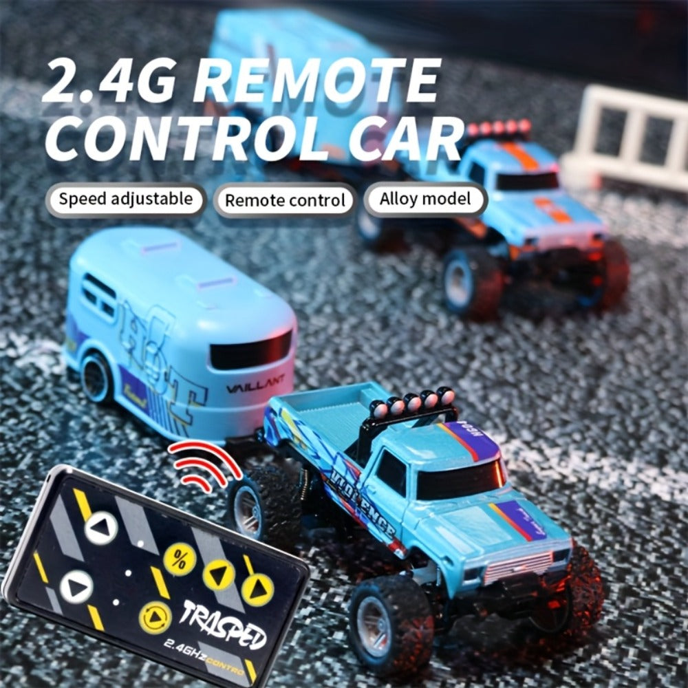 Mini RC Monster Truck 1:64 Scale with Matching Trailer, 2.4GHz Controller, LED Details and Three Color Options