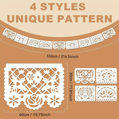 Party Decorations Five-Pack White Papel Picado Banner Set with Four Cutout Designs and 90ft Total Length