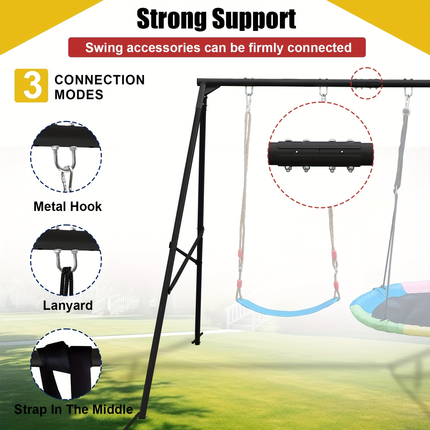 Full Steel A-Frame Swing Set Stand with Ground Stakes, Two-Swing Support and Two Color Options