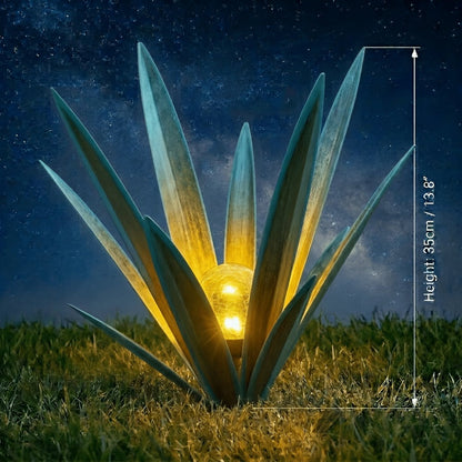 Solar Powered Agave Metal Sculpture Garden Statue - Hand-Painted Rustic Agave Figurine with LED Light & Remote Control, Indoor Outdoor Lawn Yard Courtyard Decor, Holiday Garden Art Gift