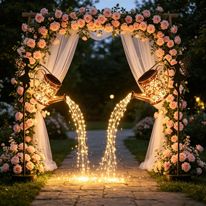 Solar Garden Lights 2-Piece Watering Can Waterfall String Lights, IP65 with Ground Stakes Set