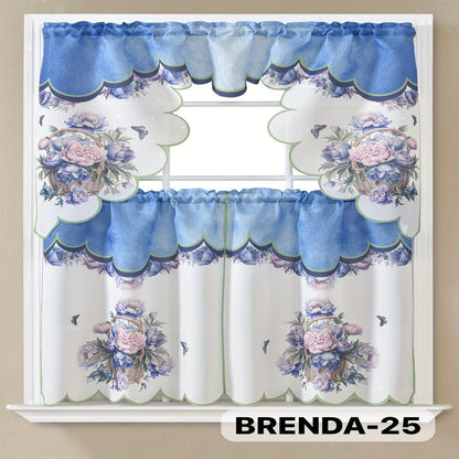 Three-Piece Patterned Kitchen Curtain Set with One Valance, Two Tiers and Forty-Six Exact Design Options