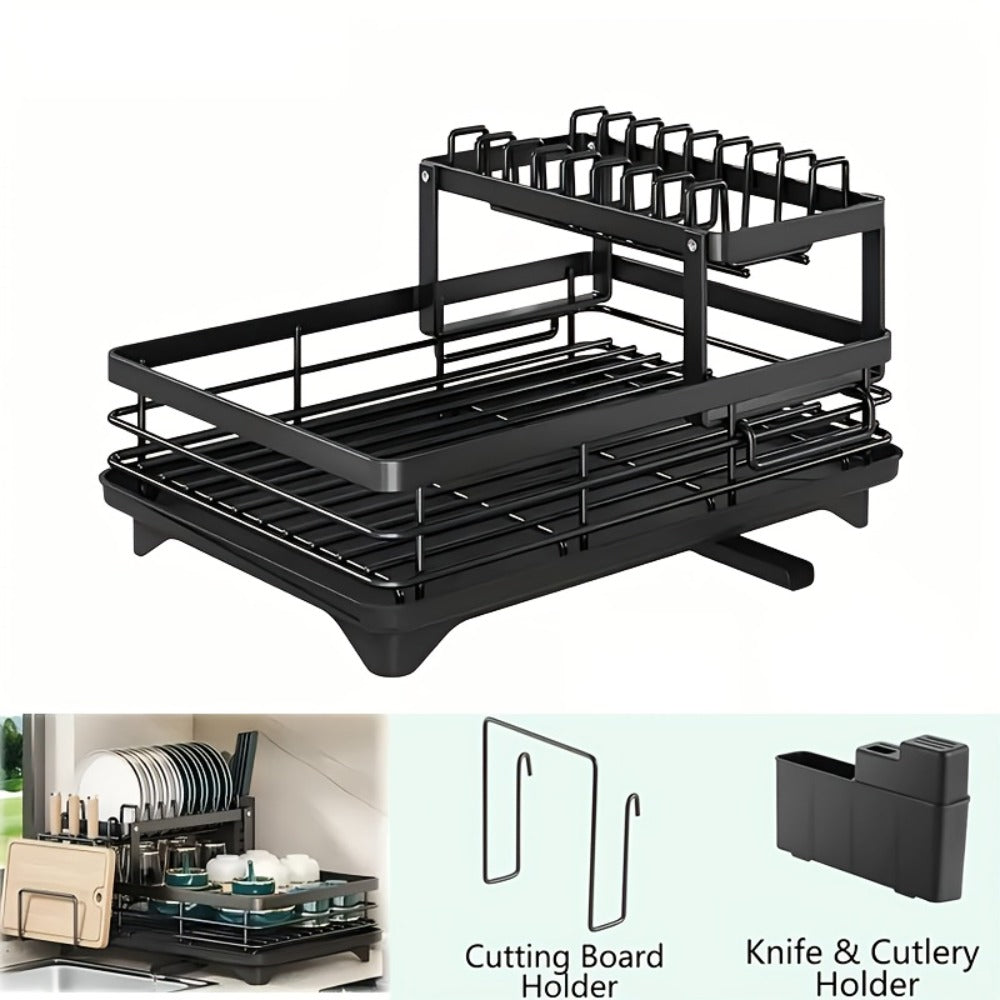 2-Tier Dish Drying Rack with Drainboard & Mat – Metal Dish Rack for Kitchen Counter with Knife Fork Cup Holder