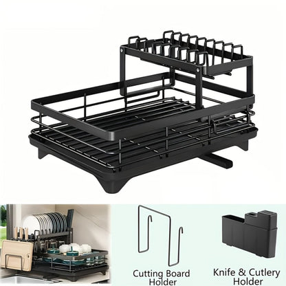 2-Tier Dish Drying Rack with Drainboard & Mat – Metal Dish Rack for Kitchen Counter with Knife Fork Cup Holder