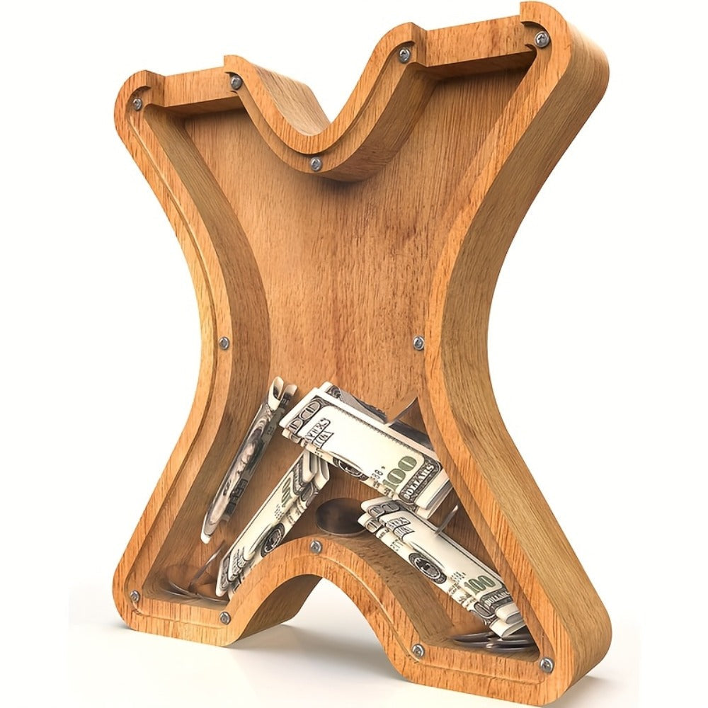 Wooden Alphabet Letter Coin Bank with Clear Front Panel and 23 Fixed Initial Options for Display