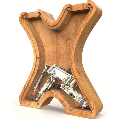Wooden Alphabet Letter Coin Bank with Clear Front Panel and 23 Fixed Initial Options for Display