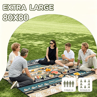 Dark Green Padded Picnic Blanket with Buckled Carry Straps, 80 x 80in Large Roll-Up Outdoor Mat