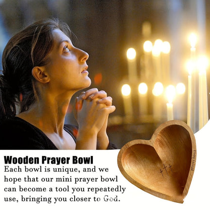 Heart-Shaped Wooden Prayer Bowl Set with Cross Engraving and Twenty-Four Printed Prayer Cards