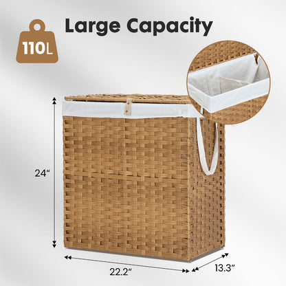 Woven Laundry Hamper with Hinged Lid, Removable Fabric Liner and Side Handles in Two Sizes and Brown or Gray