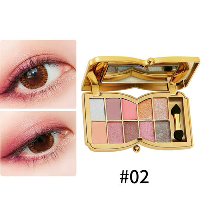 Eyeshadow Palette 10-Shade Gold Bow Compact with Mirror, Dual-Ended Applicator and Three Color Options